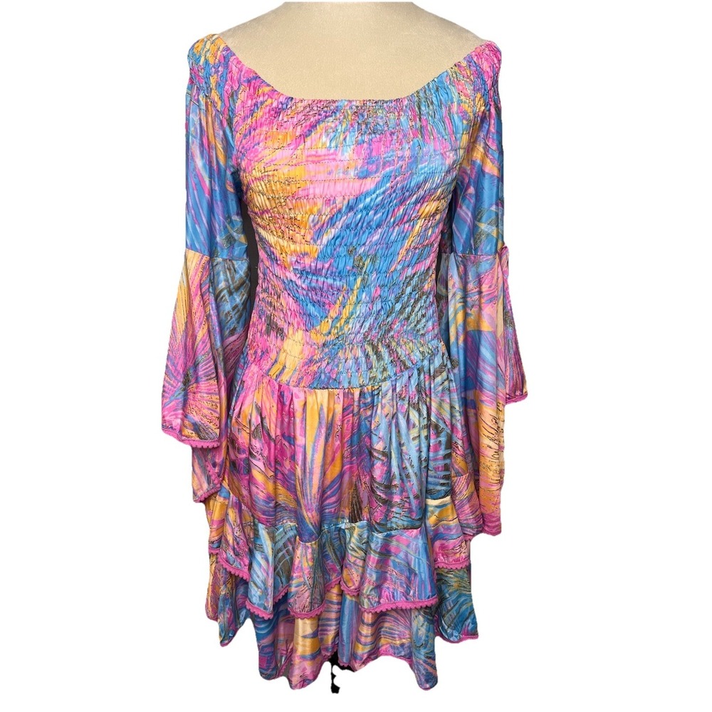 Y2K Pink Blue Boho Colorful Bell Sleeve Smocked Tiered Mini Dress S